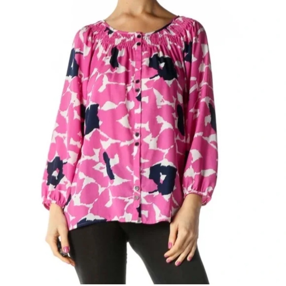 Anthropologie Yumi Kim Floral Peasant Blouse Pink Blue & White Size Medium